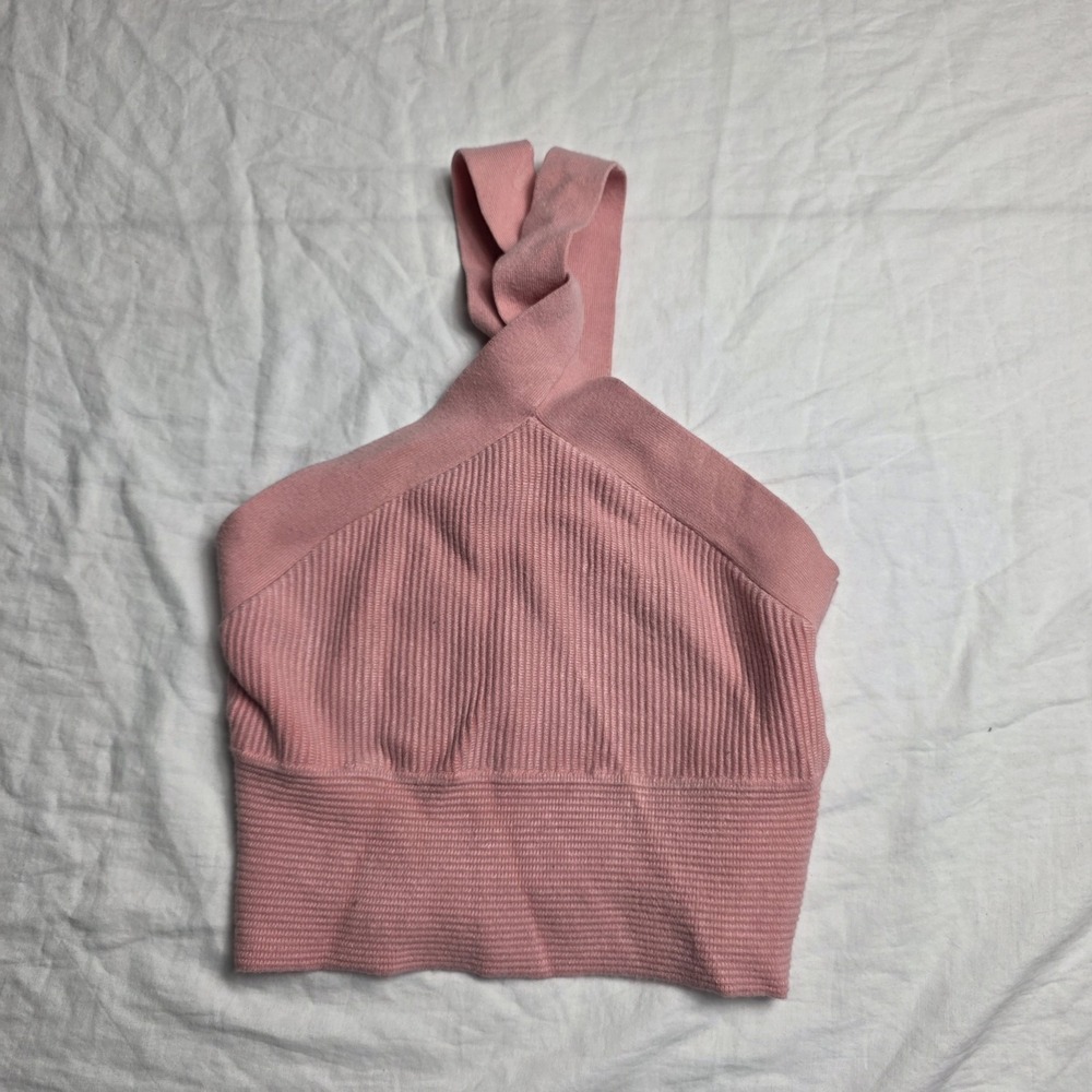 abercrombie & fitch women's halter tank top ribbed pink small cropped